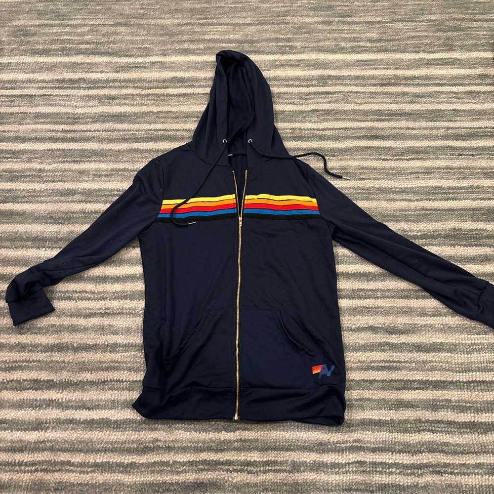 Navy Hoodie with Rainbow Stripe